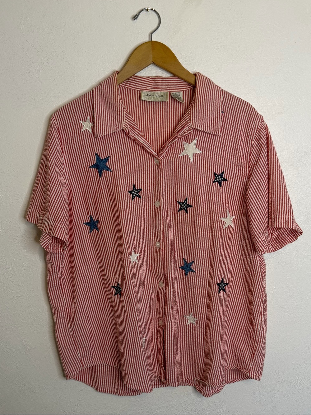 VINTAGE Lemon Grass Button Front Red Stripe Star Embroidered Shirt Womens XL